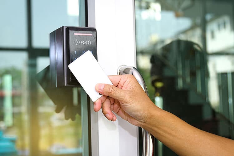 Commercial access control keycard reader at office door